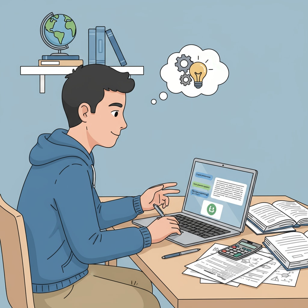 A student is sitting at a desk, looking at a laptop with the ChatGPT interface open while doing homework. Student using ChatGPT for homework