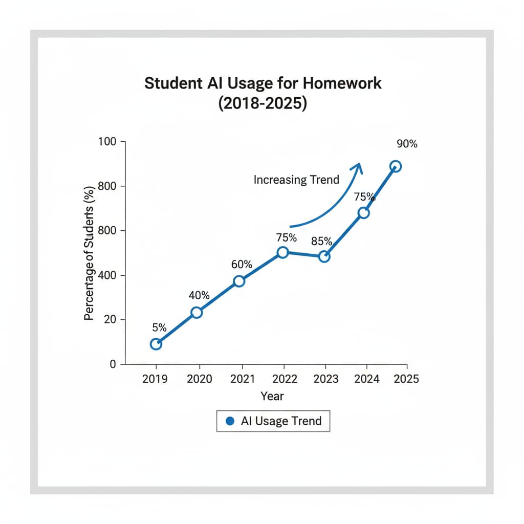 A graph shows the increasing trend of students using AI for homework over the years. Graph of students using AI for homework trend