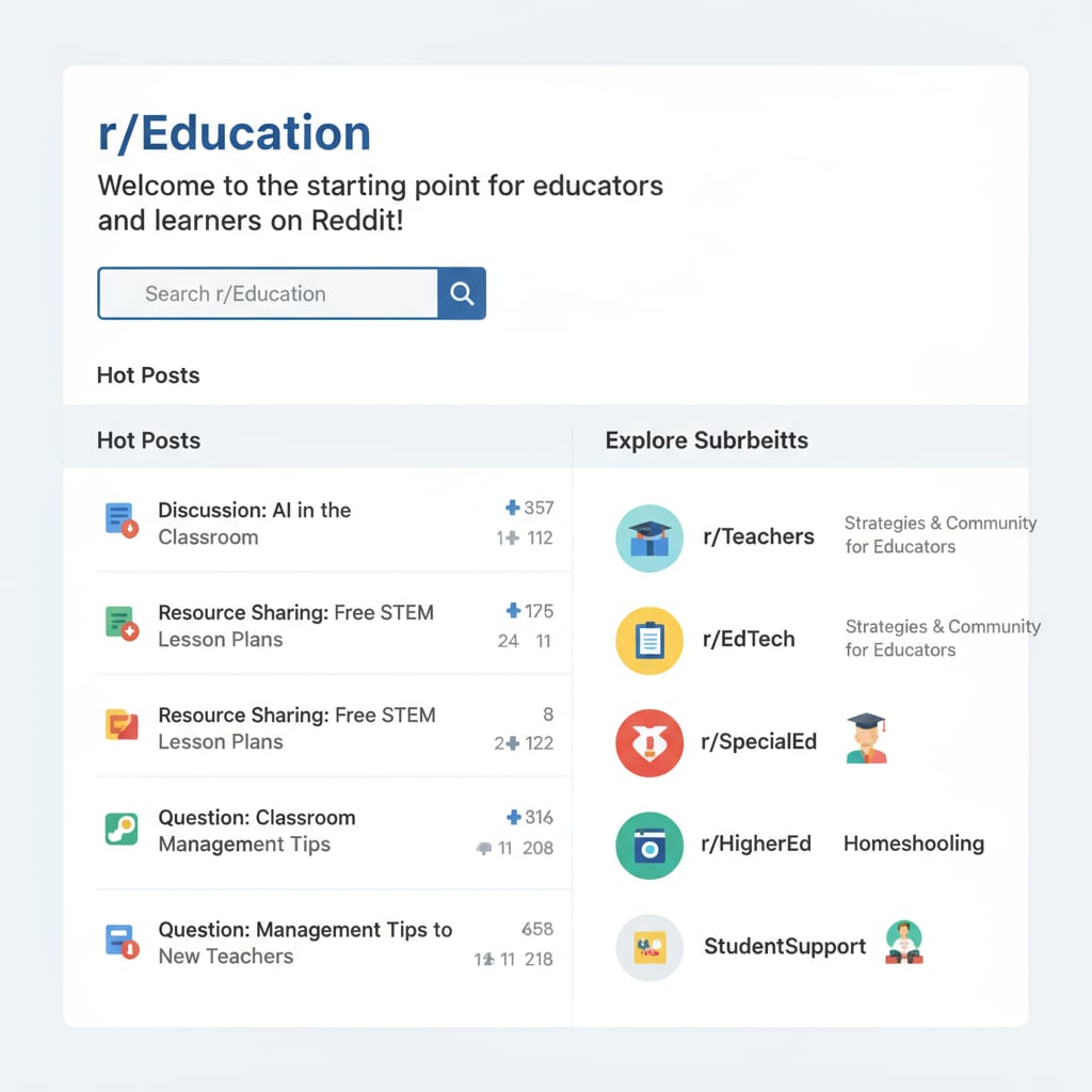 A screenshot of the Reddit education main page showing various subreddit links, which gives an overview of the starting point for teachers to explore educational content on Reddit. Screenshot of Reddit education main page with subreddit links related to community rules, educational networks, and subreddits