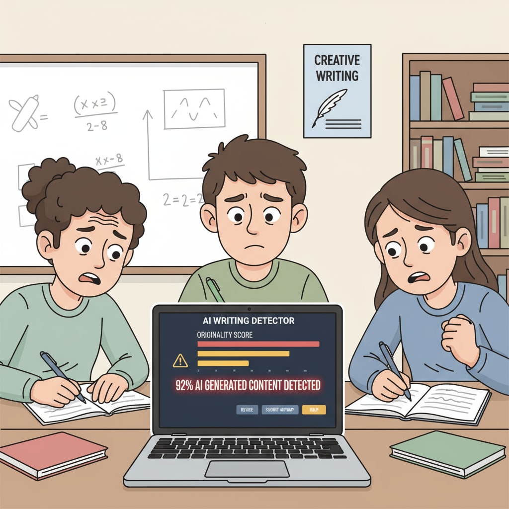 A classroom scene shows students writing with worried expressions. There is a laptop on the desk, and the screen displays an interface of an AI detection tool. This reflects the pressure students feel when facing AI detection in creative writing classes. Students under pressure from AI detection in creative writing class