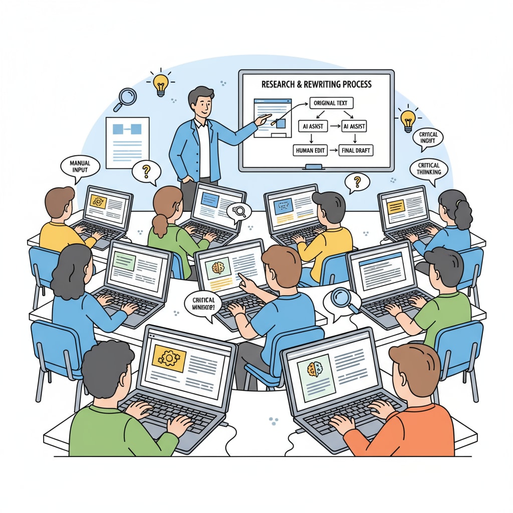 A classroom scene where students are using laptops, with a focus on the potential use of AI rewriting tools and manual input during their study. Students in a classroom potentially using AI rewriting tools and manual input for academic tasks