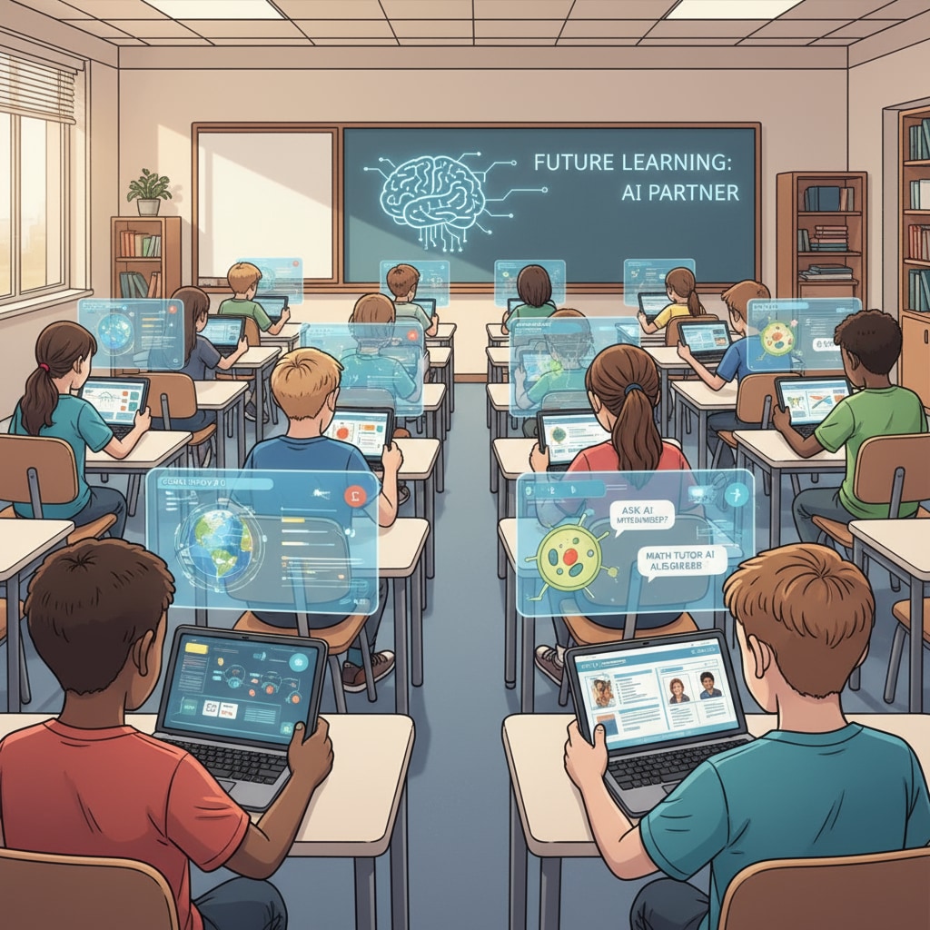 An illustration depicting students using AI-powered tablets and laptops in a classroom, with an AI interface showing educational content. AI in education as a learning tool in a classroom