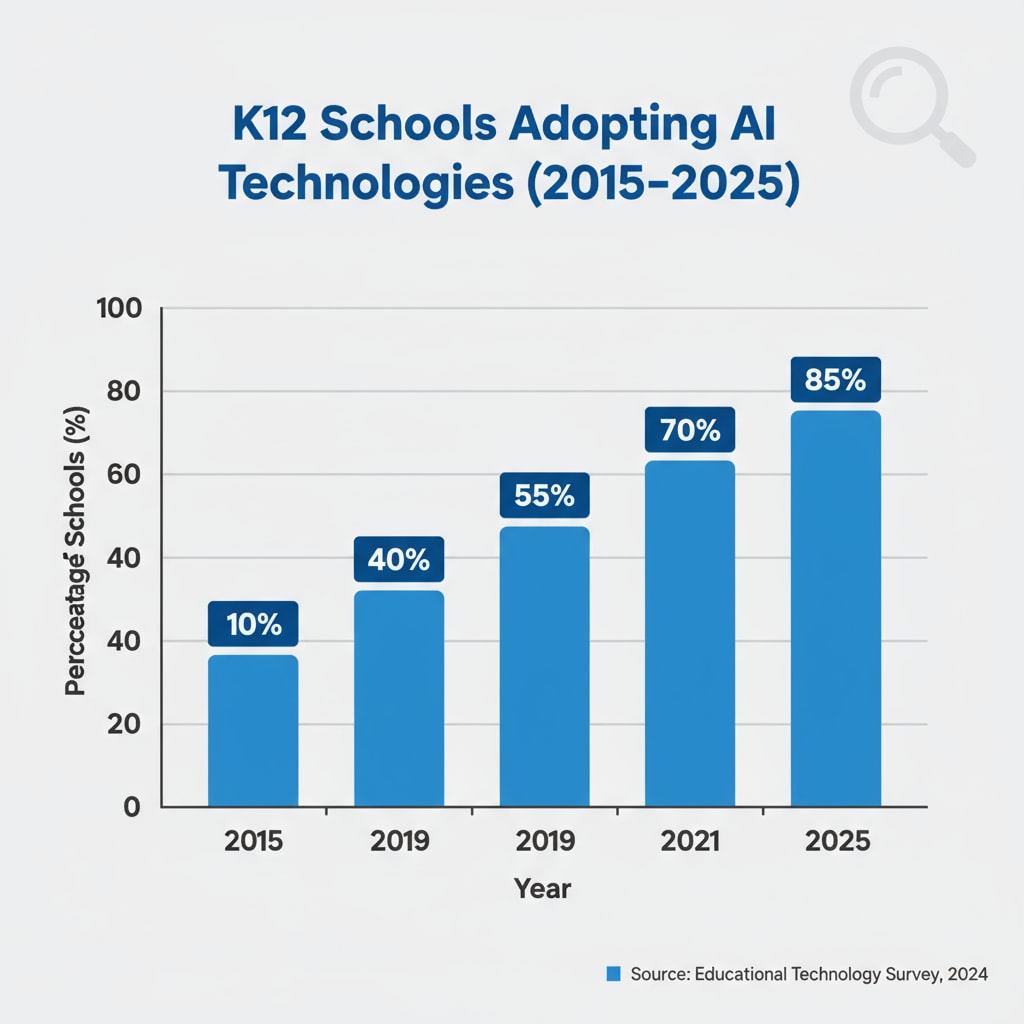 A bar graph presenting the percentage of K12 schools adopting AI technologies from 2015 to 2025. Adoption of AI in K12 education over the years