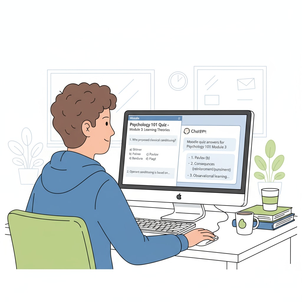 A student is sitting in front of a computer, looking at a Moodle quiz page while having a ChatGPT window open on the side. The screen shows the quiz questions and the potential answers generated by ChatGPT. A student using ChatGPT during a Moodle online quiz