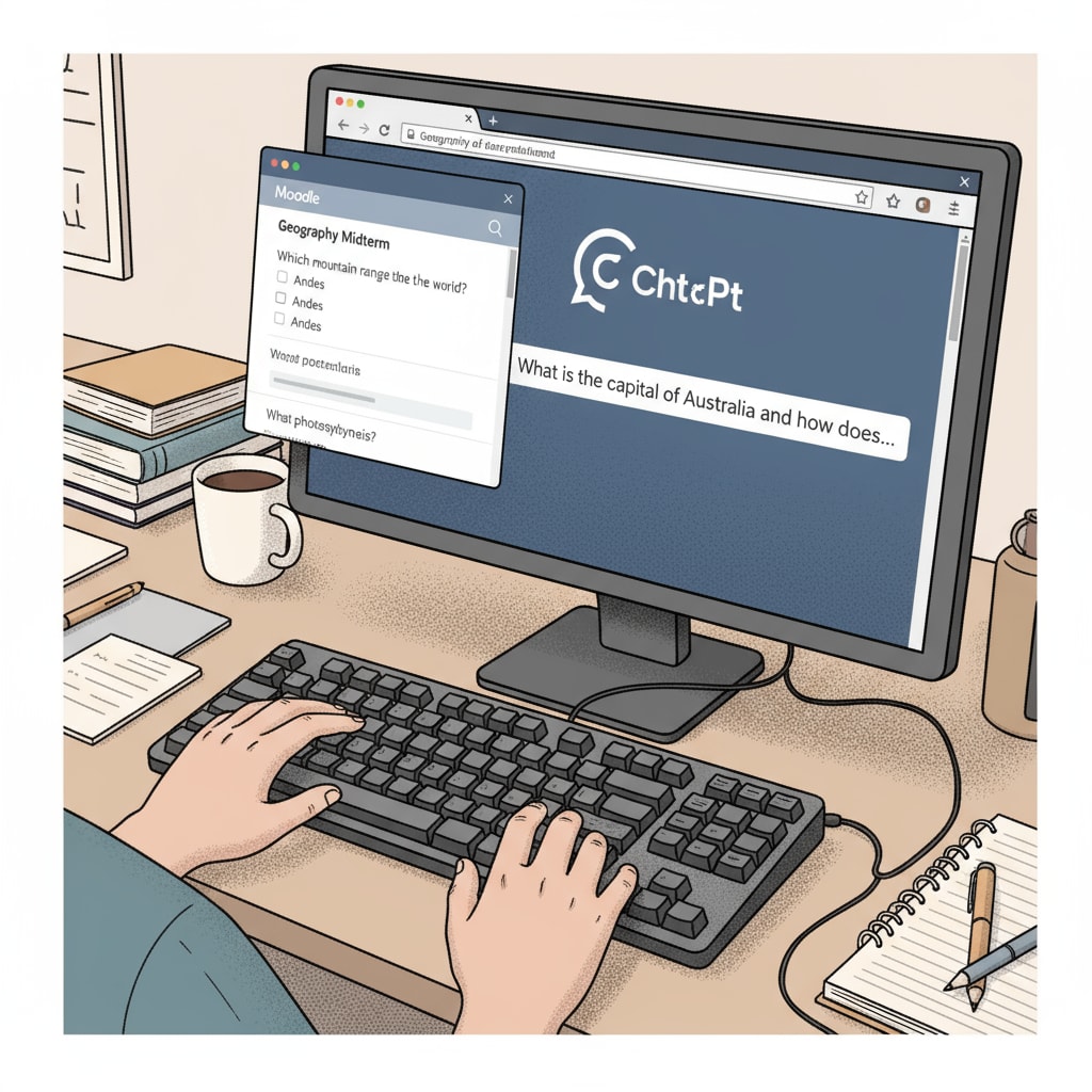 A close-up view of a keyboard with hands typing a question into ChatGPT. In the background, a tab with a Moodle quiz is visible, showing the quiz interface and some incomplete answers. Typing a question into ChatGPT while taking a Moodle quiz