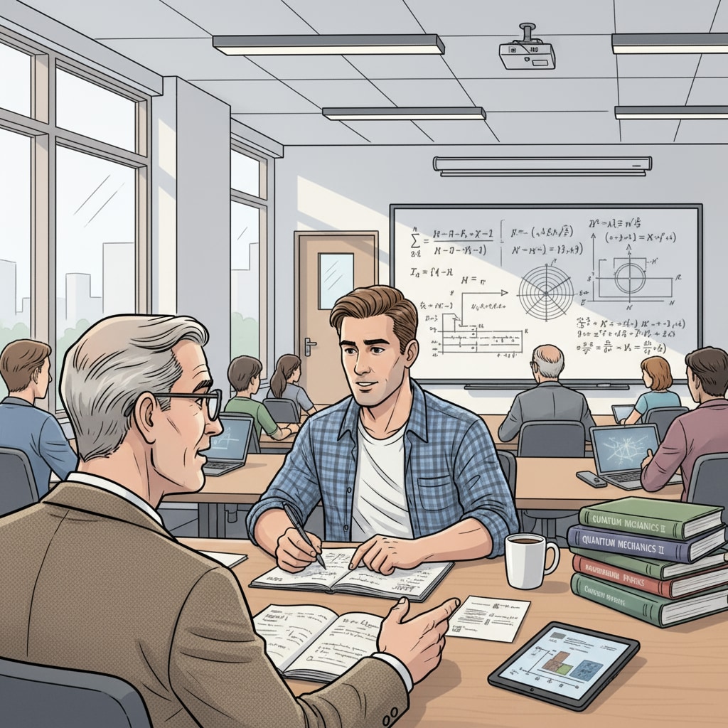 An on-the-job physics teacher is sitting in a classroom, attending a part-time postgraduate class. There are books and notebooks on the desk, and the teacher is listening intently to the professor. An on-the-job physics teacher attending a part-time postgraduate class