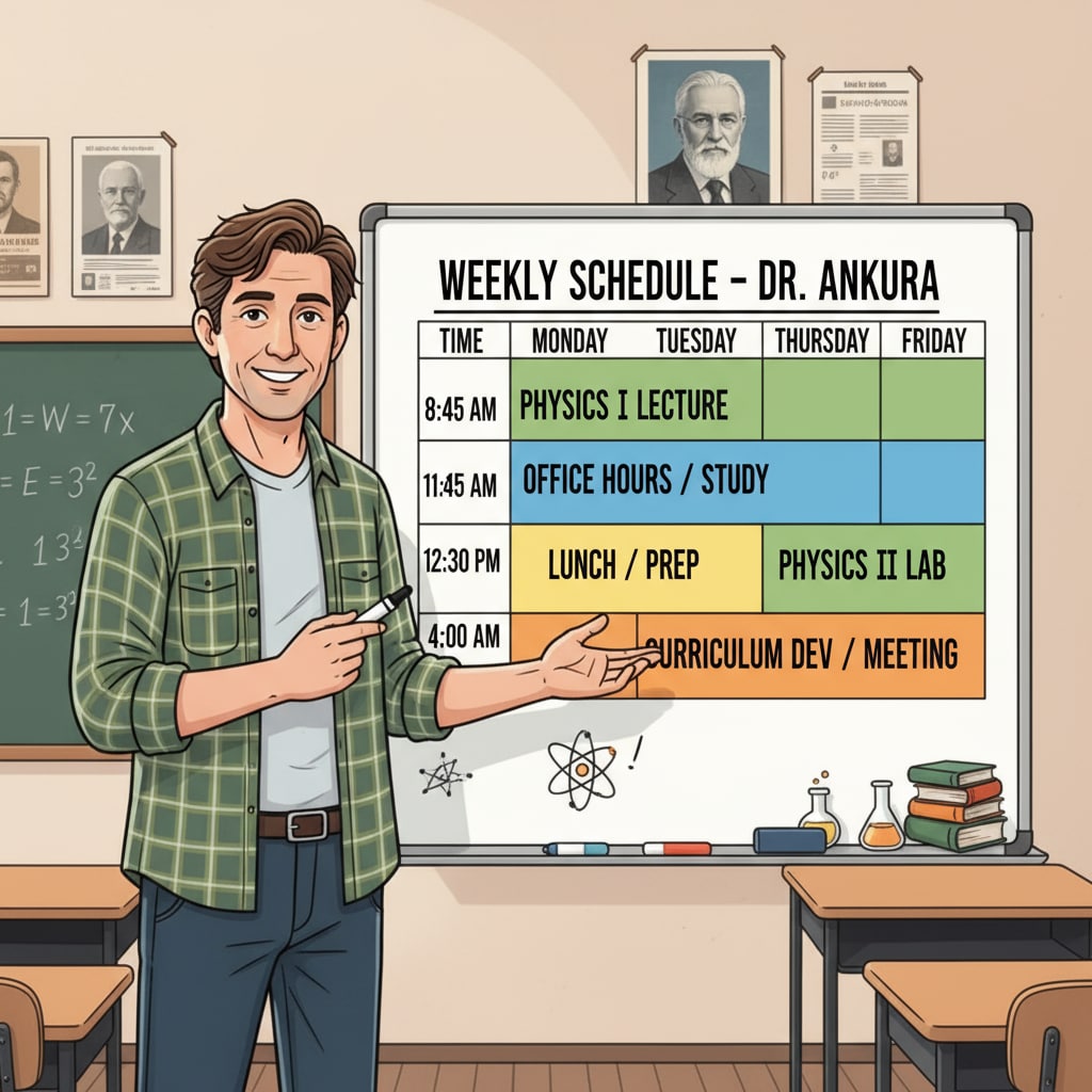 An on-the-job physics teacher is looking at a schedule on a whiteboard. The schedule has blocks of time allocated for teaching, study, and other activities. An on-the-job physics teacher using a schedule to balance teaching and study