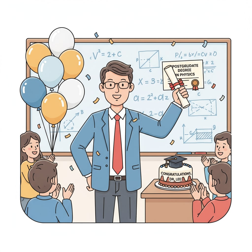 An on-the-job physics teacher is holding a diploma, celebrating the successful completion of a postgraduate degree. There are balloons and a cake in the background. An on-the-job physics teacher celebrating successful completion of a postgraduate degree