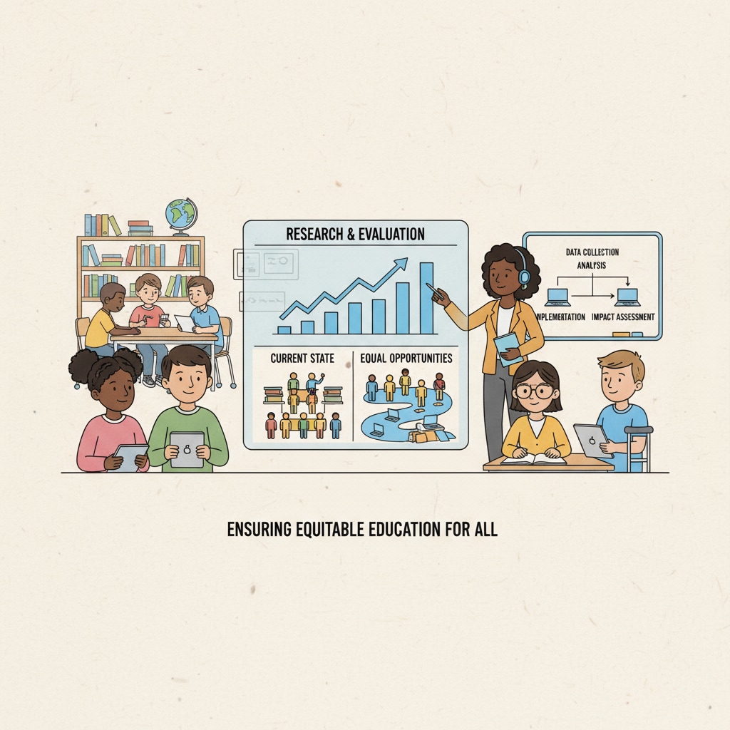 An illustration depicting students of different ethnicities and socioeconomic backgrounds in a classroom, emphasizing the need for research and evaluation to ensure equal educational opportunities. Research and evaluation in K12 education for addressing social inequality in a classroom setting