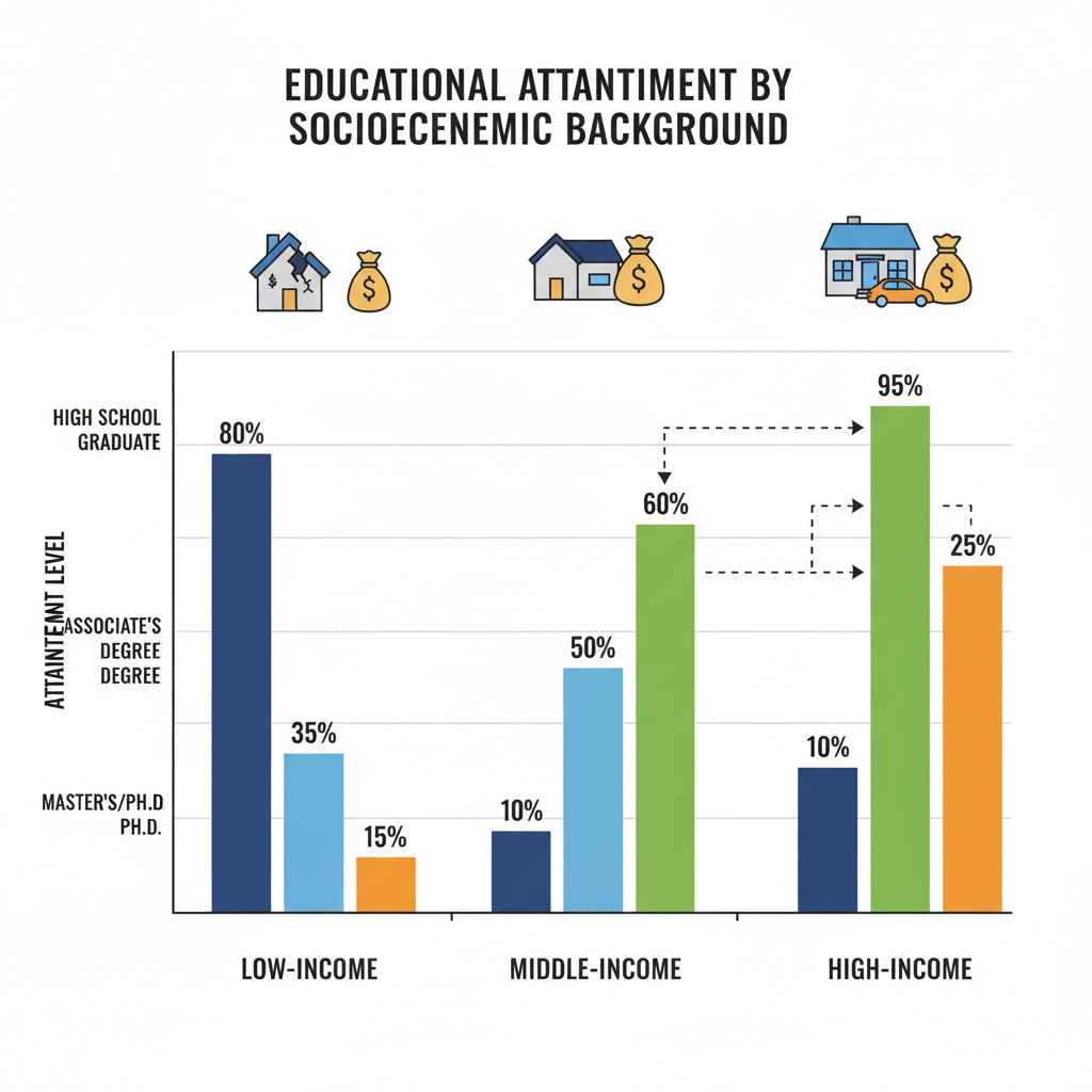 A graph presenting the differences in educational attainment levels between students from varying socioeconomic backgrounds. Graph showing social inequality in educational attainment for research and evaluation in K12 education