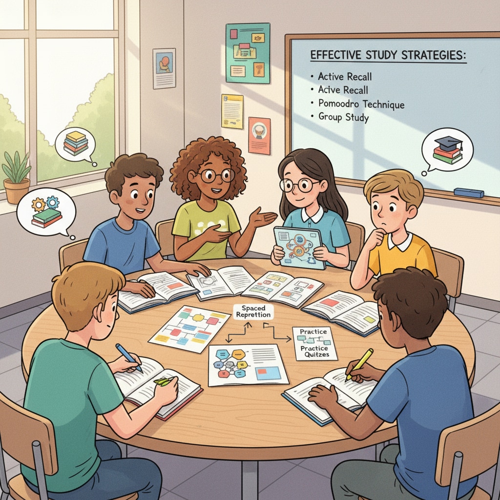 A group of high school students are engaged in a lively discussion about study methods in a classroom. Some are pointing at textbooks, while others are jotting down notes. High school students discussing study methods and academic skills in a classroom