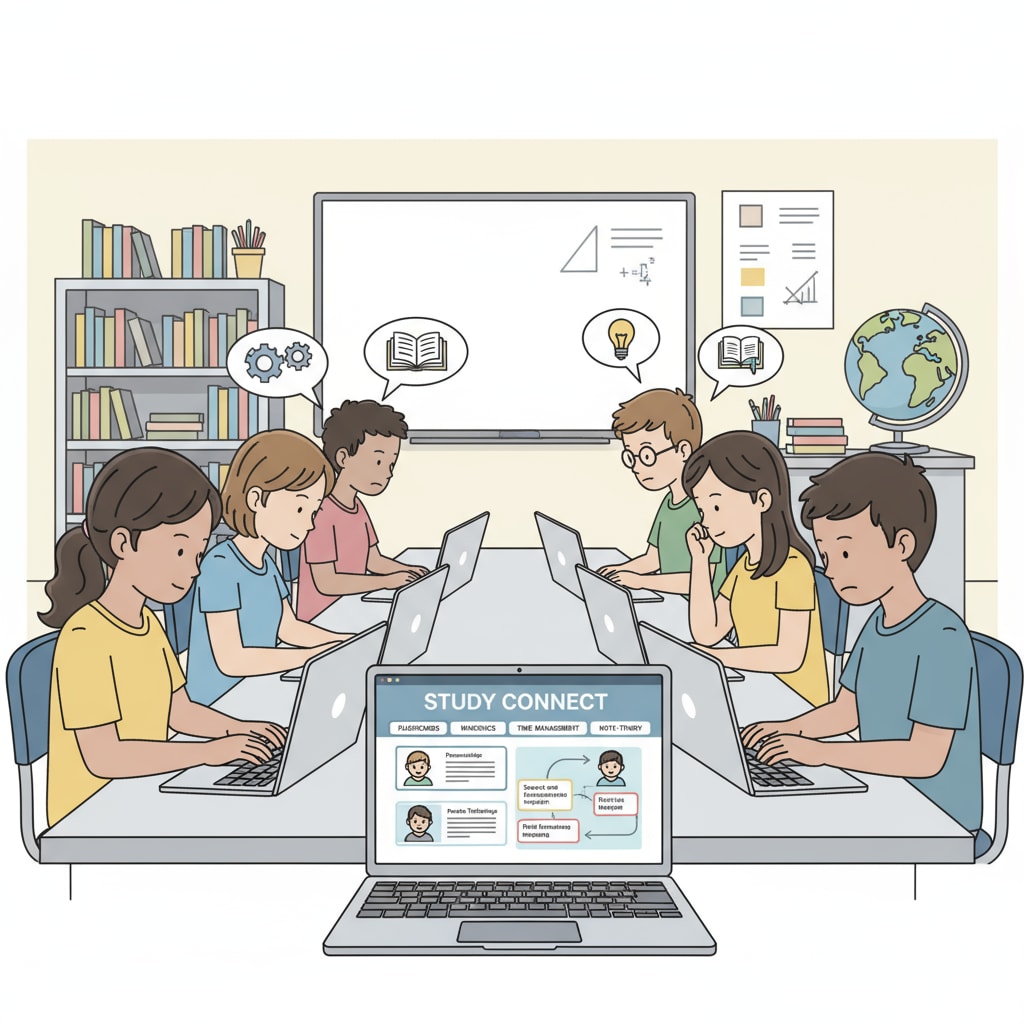 High school students are sitting in front of laptops, intently accessing the study method sharing platform. Their faces show concentration as they explore various study tips. High school students using laptops to access the platform for study methods and academic skills