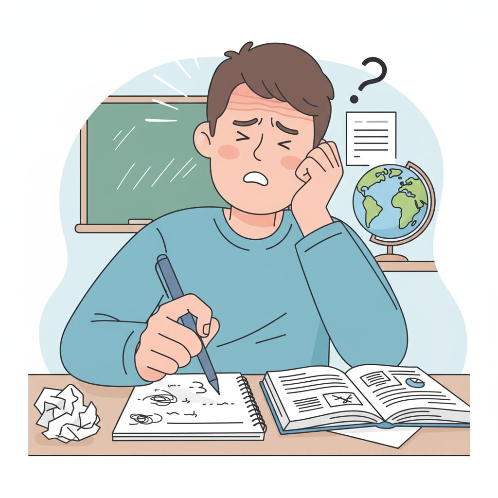 A person is seen having difficulty while writing, with a pen in hand and a confused expression on their face. A person struggling to write, representing a character with limited education in fiction writing