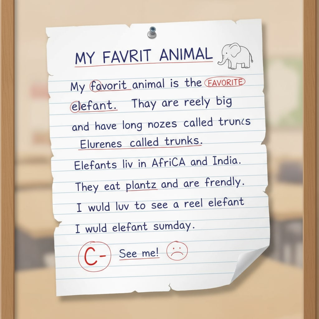 A piece of paper with handwritten text containing grammar and spelling mistakes, typical of a character with limited education. Handwritten text with errors, showing the writing style of a character in fiction with limited education