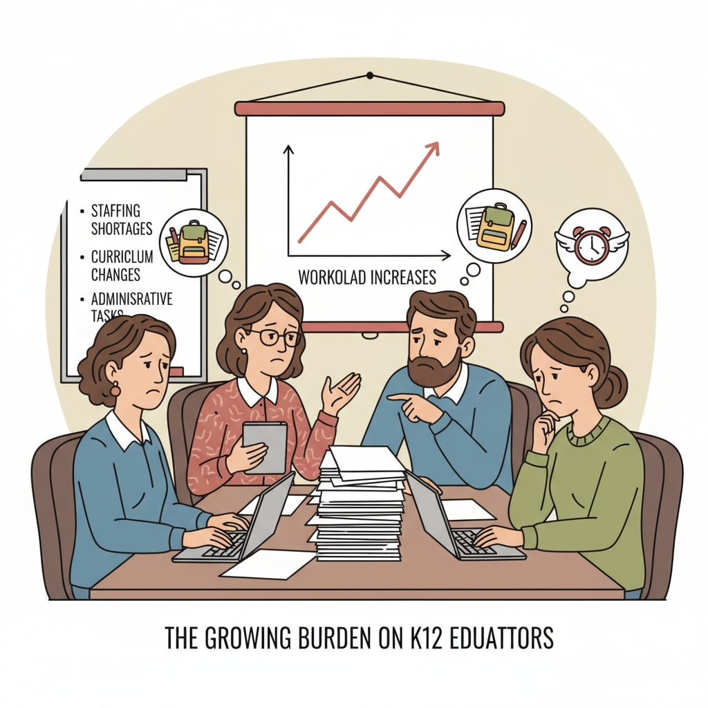 A group of K12 educators are gathered in a meeting room, with serious expressions on their faces, discussing the increasing work burden they are facing. K12 educators discussing the challenges of job reclassification, additional work responsibilities, and salary negotiations