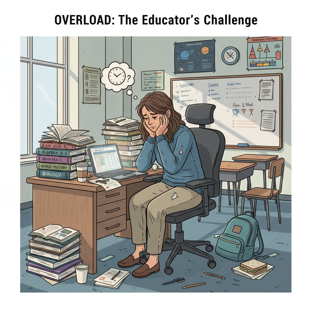 An individual K12 educator is sitting at a cluttered desk, surrounded by textbooks, papers, and a laptop, looking tired and stressed due to the heavy workload. K12 educator overwhelmed by additional work responsibilities without salary adjustment