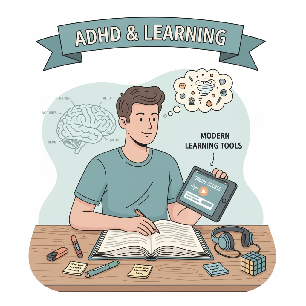 An adult with ADHD is shown sitting at a desk, engaged in learning activities related to basic education with the help of modern tools like podcasts and online courses. An adult with ADHD using podcasts and online courses to learn basic education