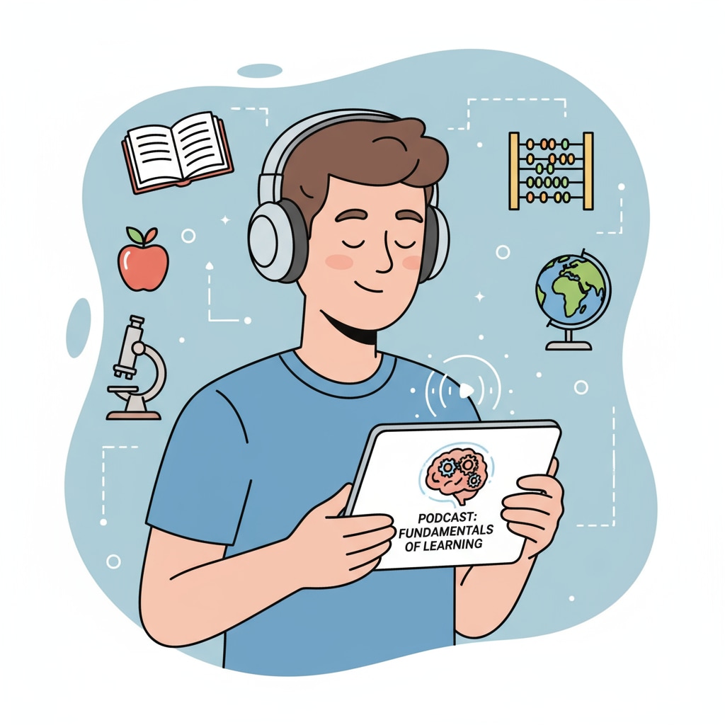 A person is depicted wearing headphones, intently listening to a podcast focused on basic education topics. Person listening to a basic education podcast