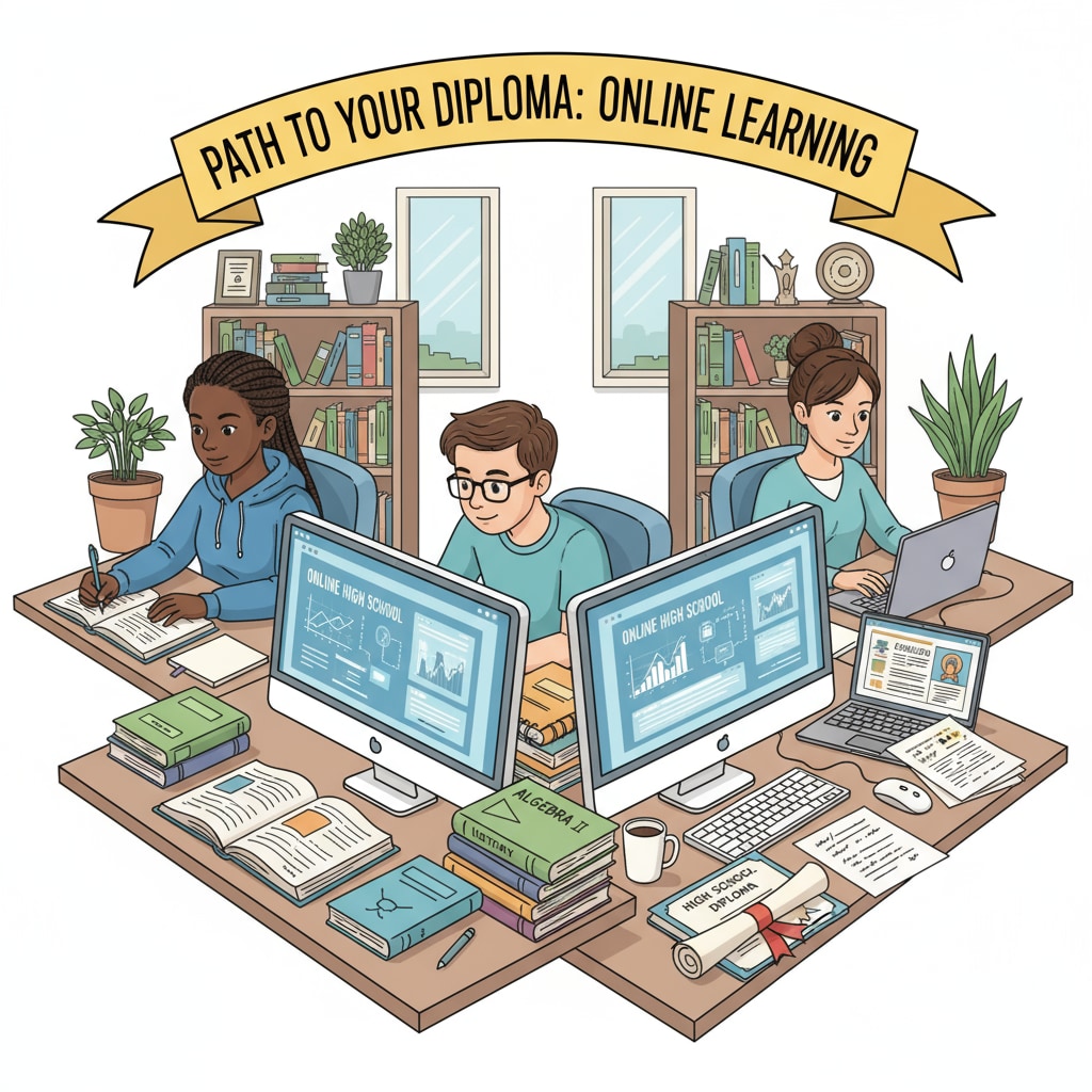 Students are shown sitting in front of their computers, engaged in online high school courses, with books and notes beside them, working towards their high school diplomas. Students studying for their high school diplomas through an online high school program