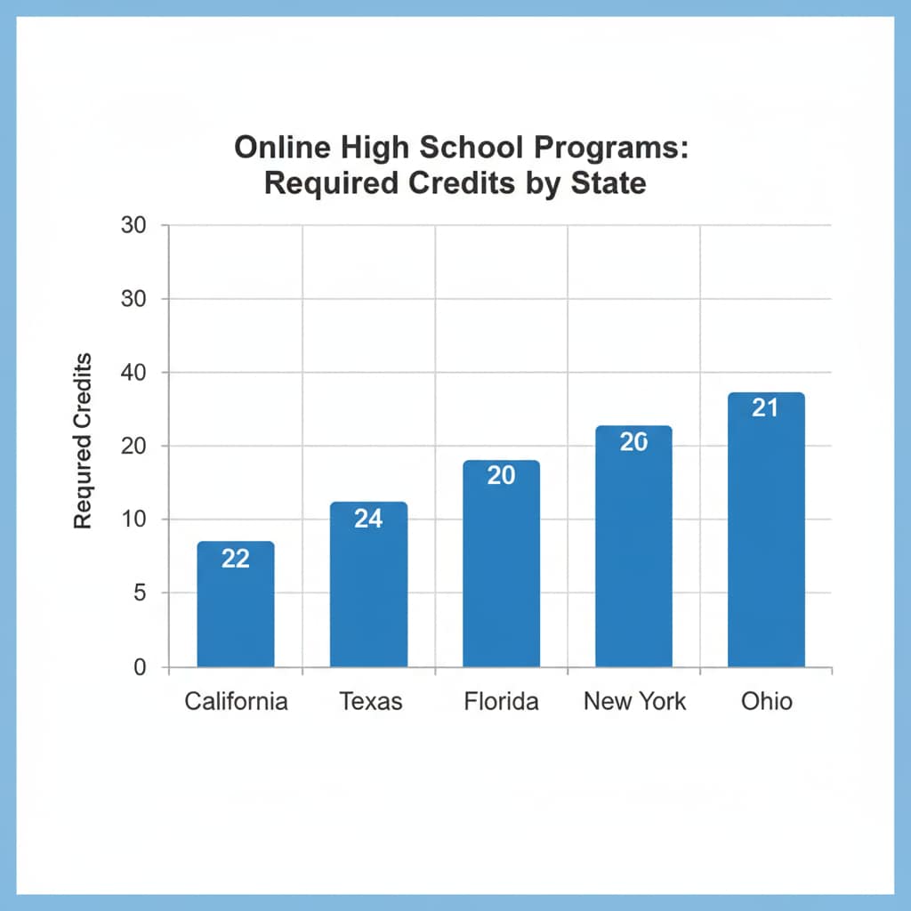 A bar graph compares the number of required credits in different states for online high school programs, with states listed on the x-axis and credit numbers on the y-axis. Graph showing varying credit requirements for online high school programs in different states
