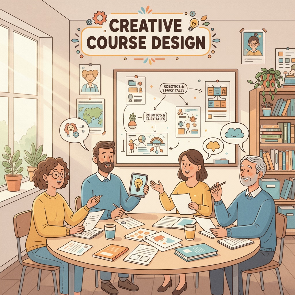 Teachers are engaged in a discussion about creative course design ideas, with papers and pens in hand, brainstorming. Teachers discussing creative course design in the context of teacher interviews, creative courses, and student engagement