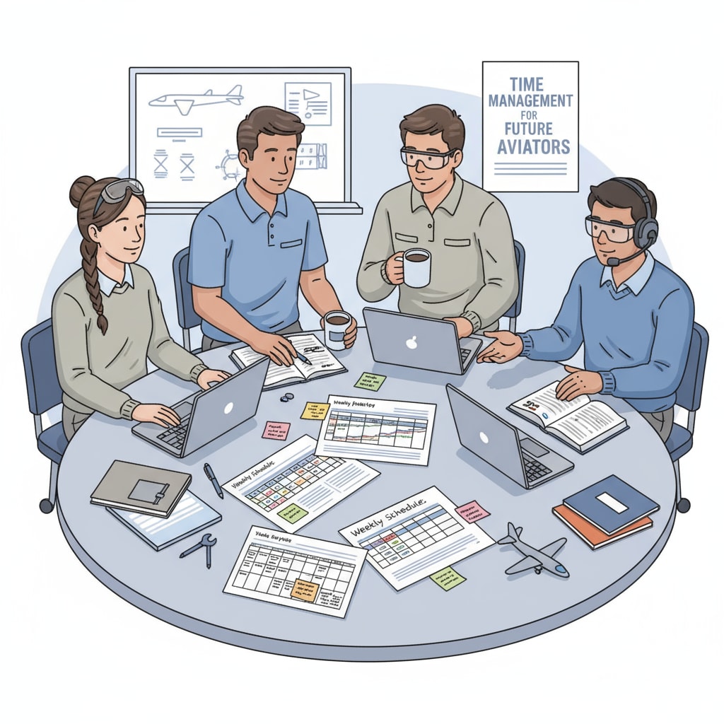 A group of aviation maintenance students are sitting around a table, looking at schedules and discussing how to manage their internship and study time. Aviation maintenance students discussing internship and study schedules for better time management and academic balance
