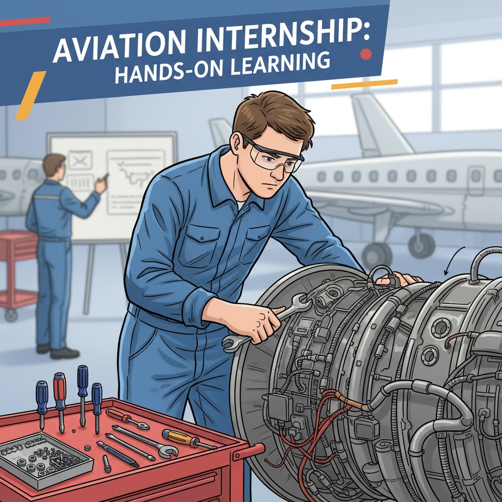 An aviation maintenance student is focused on working on an aircraft engine during an internship, with tools around. An aviation maintenance student engaged in hands - on work during internship, highlighting the workload and its impact on academic balance