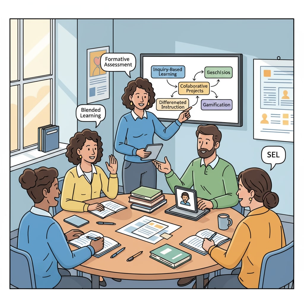 A group of educators are gathered around a table, discussing various teaching strategies and methods. Educators collaborating, relevant to MAT programs and teaching assistant development