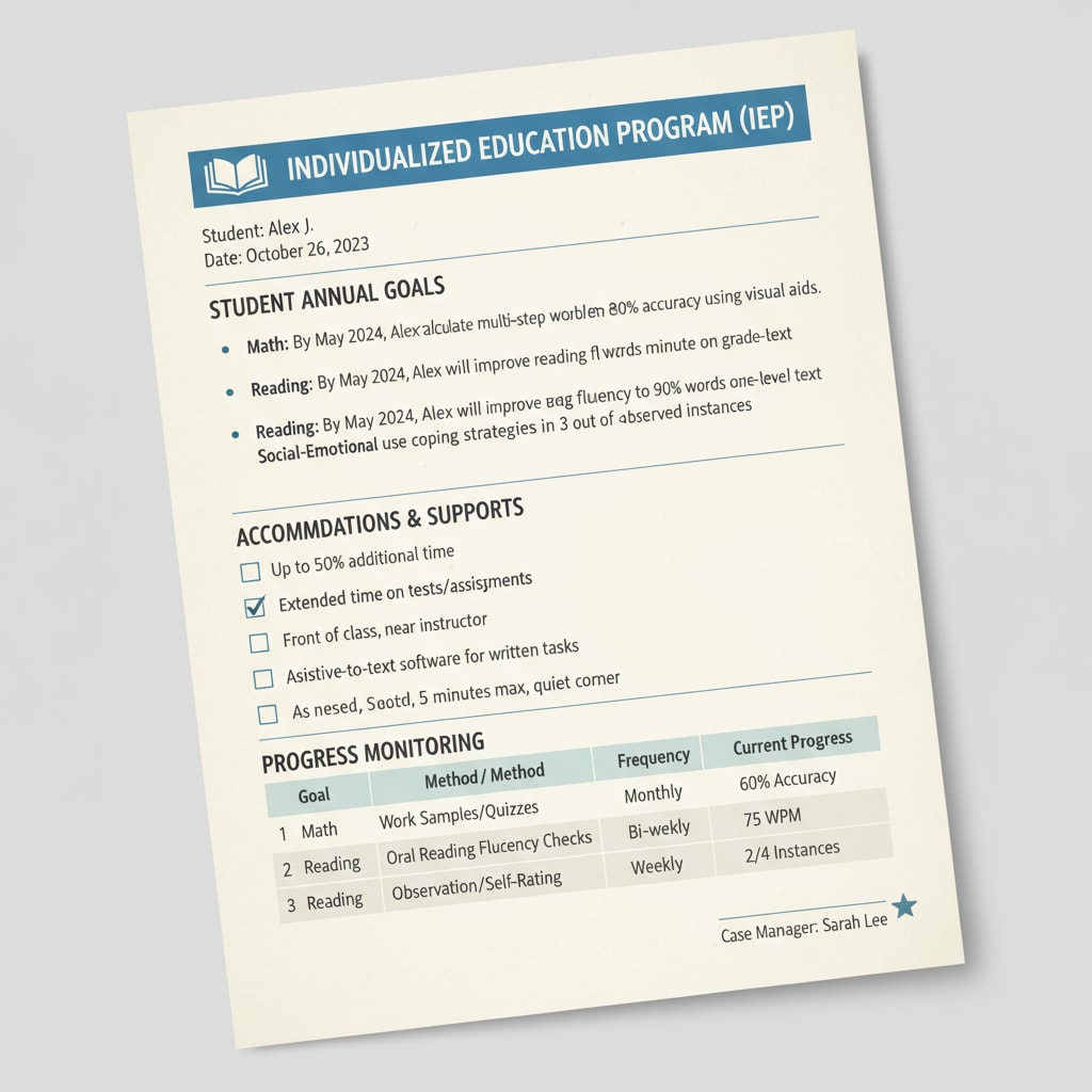 A page from an IEP document is shown in close-up. The text on the page includes sections on student goals, accommodations, and progress monitoring. Close-up view of an IEP document page highlighting understanding difficulties for special education teachers