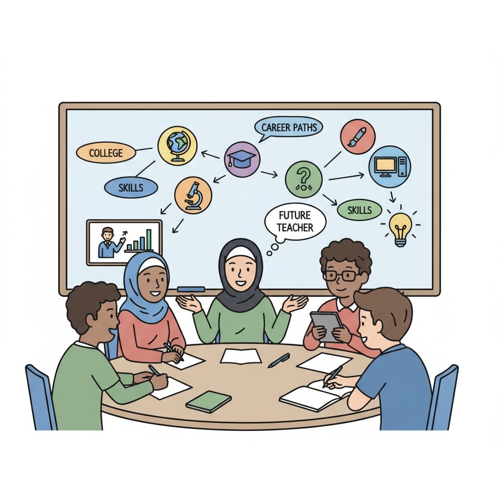 A group of high school students are having a discussion about their future career plans, with one of them expressing interest in becoming a teacher. High school students discussing future careers including the teacher profession, university application, and education major.