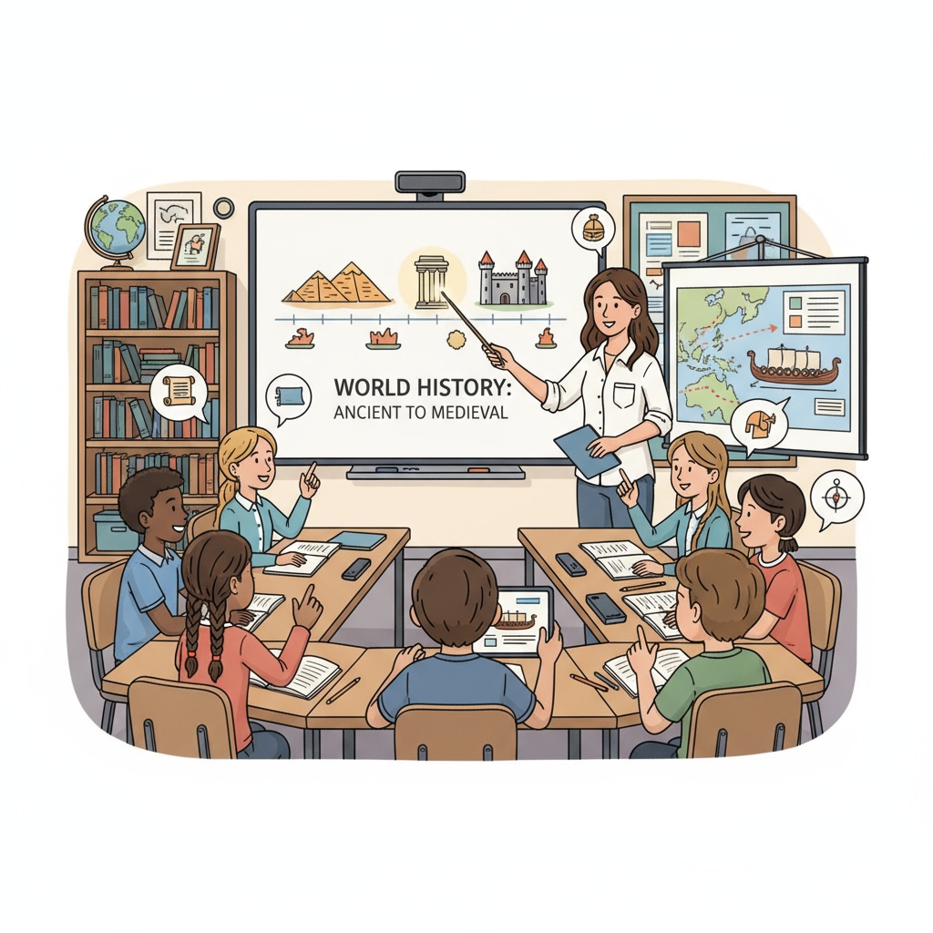 A student teacher is actively interacting with students during a history class, using visual aids to explain historical events. Student teacher in a history class related to teacher profession, university application, and education major.
