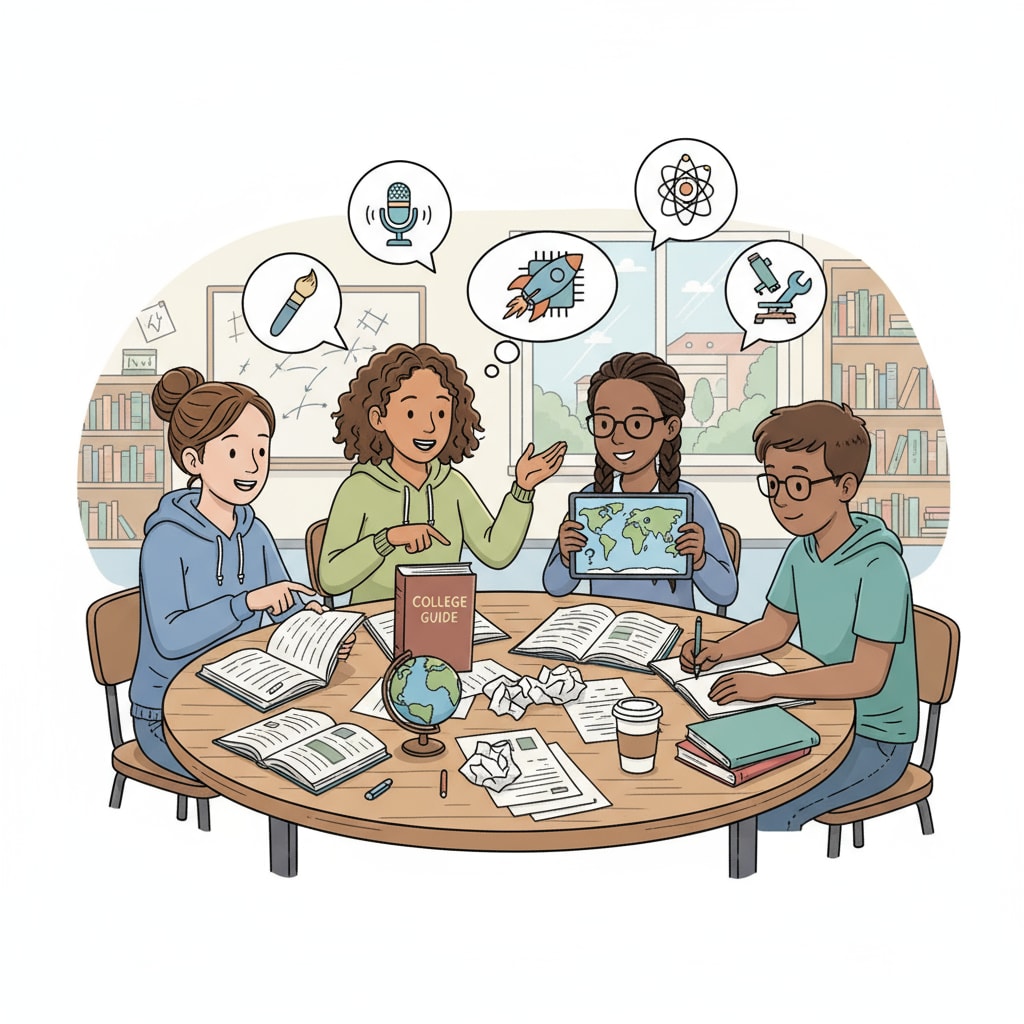 A group of high school students are gathered around a table, animatedly discussing their future plans, with books and papers scattered in front of them. High school students discussing university education, major selection, academic success, and career planning