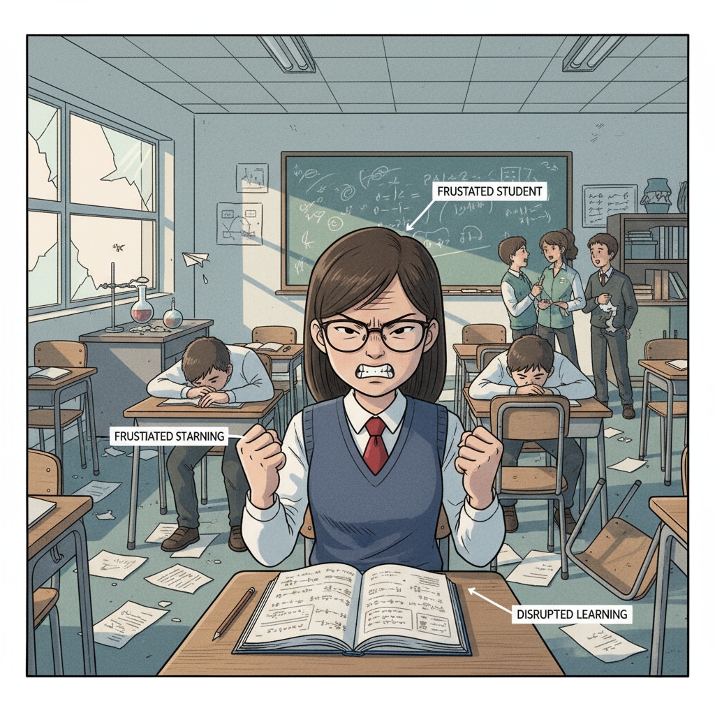 A high-achieving student looking frustrated in a disrupted classroom A frustrated high-achieving student in a disrupted classroom relevant to education system, regular classes, behavioral issues, learning opportunities