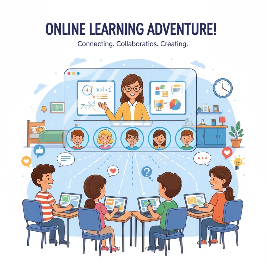 The picture shows students actively participating in an online K12 class. They are interacting with the teacher and classmates through digital platforms, which reflects the dynamic nature of online learning. Students participating in online K12 education for career security