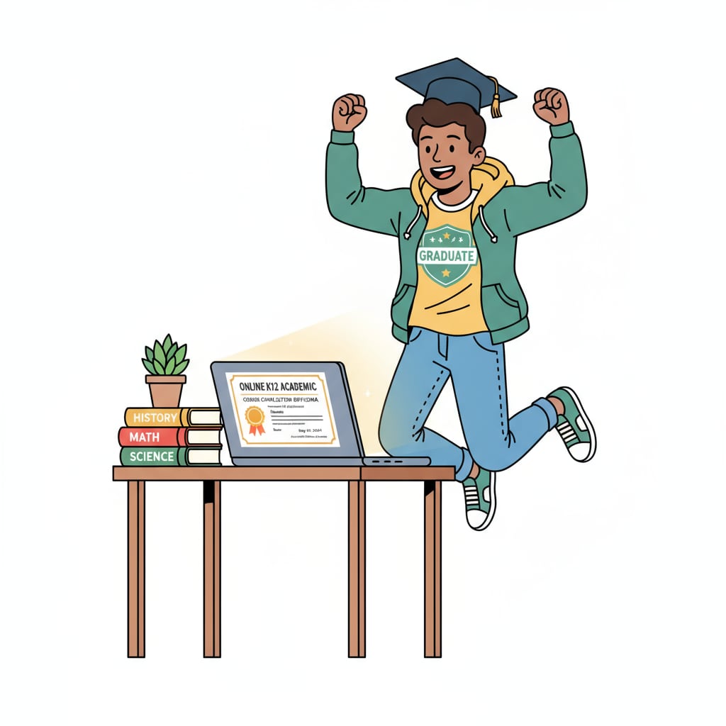 This image depicts an individual celebrating after receiving an online K12 academic certificate. The laptop screen shows the course completion details, highlighting the achievement of obtaining a formal academic qualification through online education. Person celebrating the acquisition of an online K12 academic certificate for career security