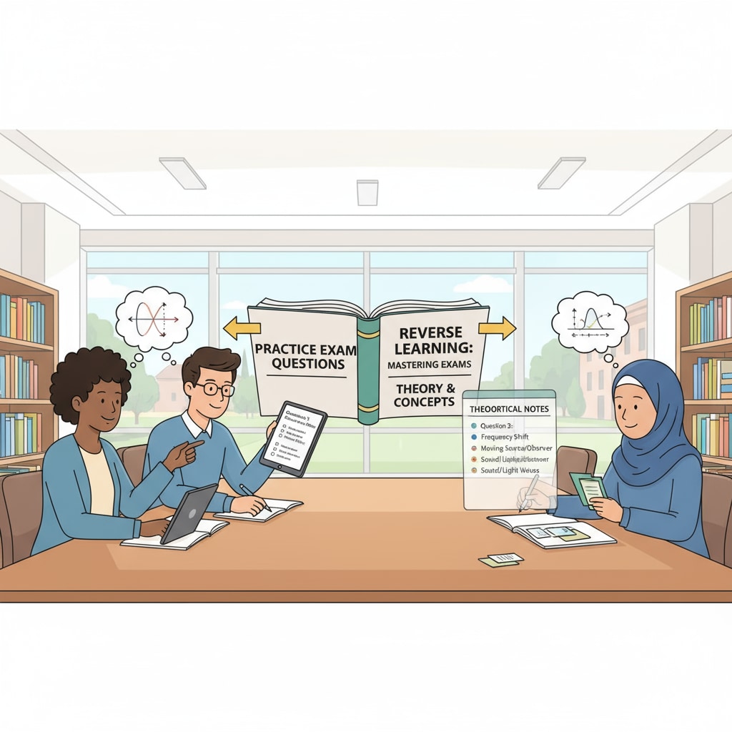 An illustration depicting students using the reverse learning method. They are looking at exam questions and making notes related to theoretical concepts. Students using reverse learning method for theory learning with attention deficit and practical learning style