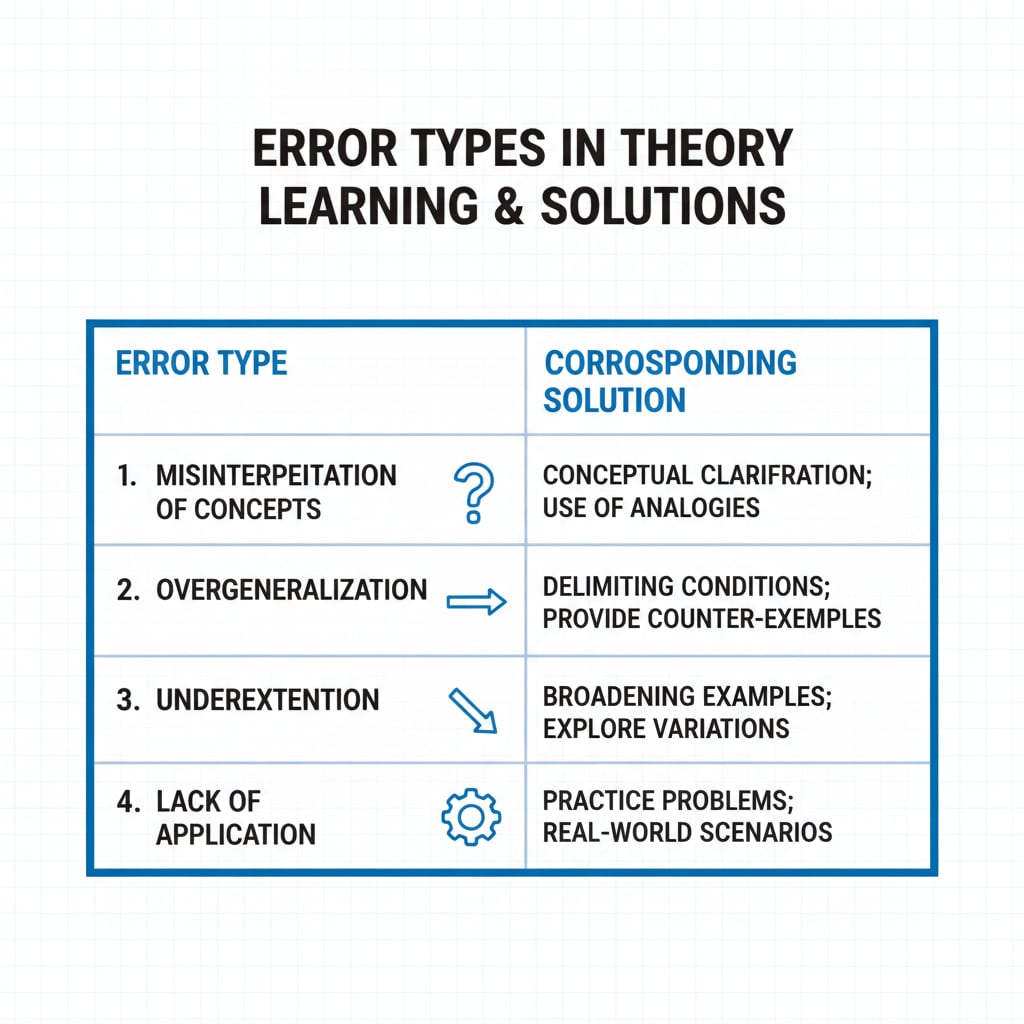 A chart presenting different error types in theory learning and corresponding solutions. Error analysis chart for theory learning by attention deficit and practical learners
