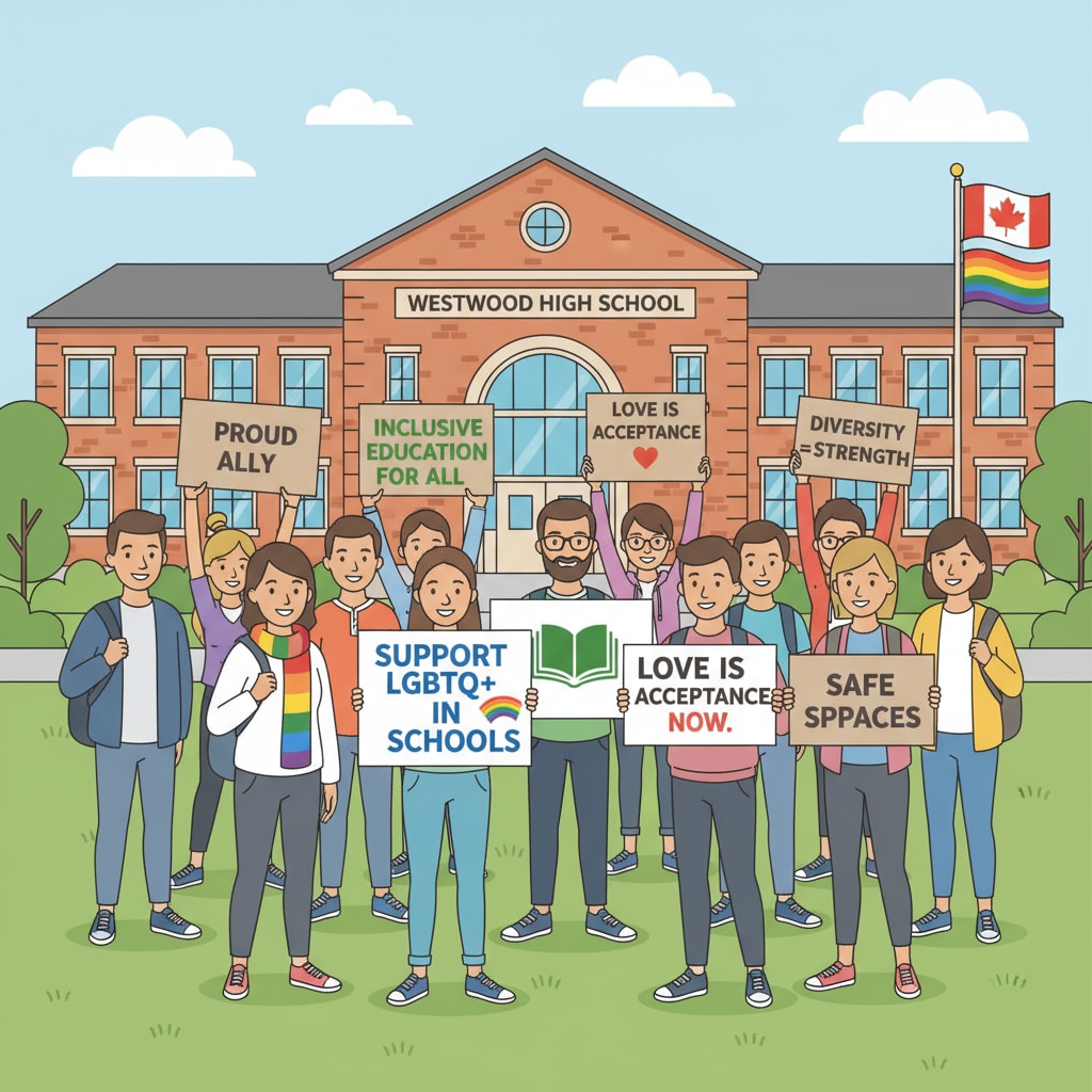 A group of people are holding signs that say things like 'Support LGBTQ+ in schools' and 'Inclusive education for all'. They are standing outside a school building, showing their support for creating an inclusive educational environment for LGBTQ+ students. People showing support for LGBTQ+ rights in an educational setting to counter far - right influence on school boards