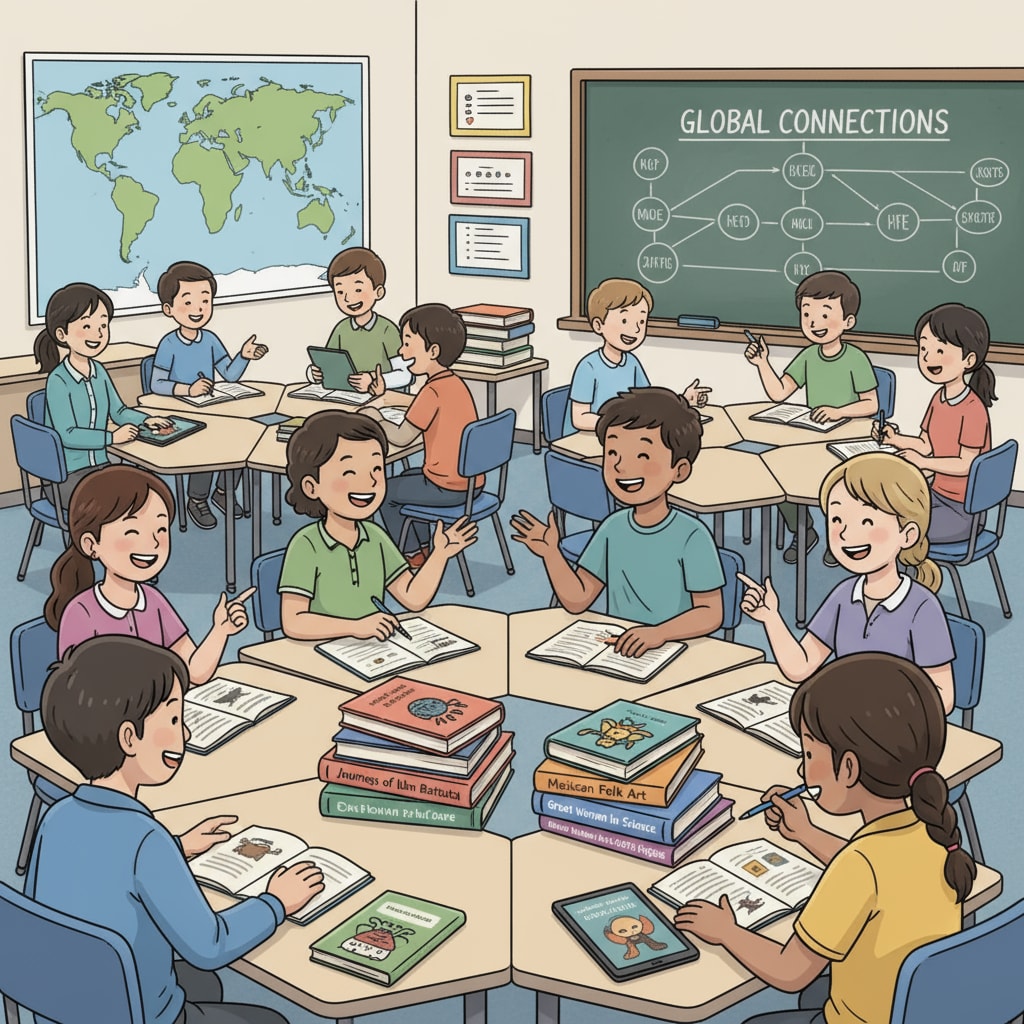 A classroom scene where students of different genders and ethnicities are sitting together, smiling, and engaged in a group study activity. There are books on the desks that seem to represent diverse cultures and identities. A diverse group of students in a classroom, symbolizing the positive impact of LGBTQ+ representation on creating an inclusive learning environment in the face of far - right opposition