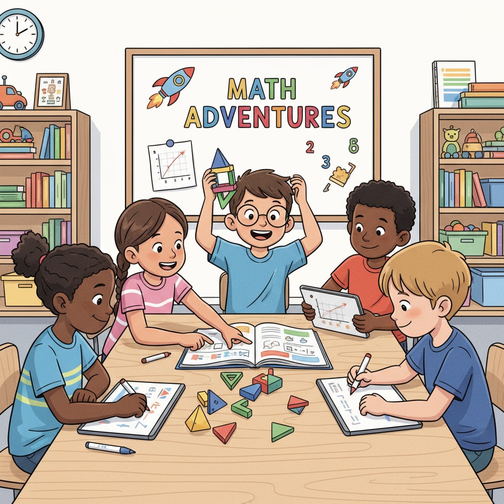 A group of 9-year-old children are gathered around a table, actively participating in a math-related activity. They are all showing great enthusiasm. 9-year-old children engaged in a fun math activity to overcome math difficulties