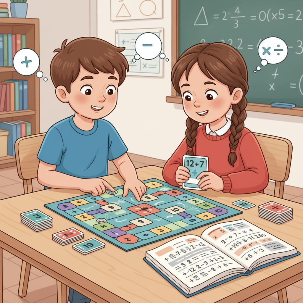 Two children are sitting at a table playing a math board game. They are concentrating on solving math problems on the cards. Children playing a math board game to improve their math skills