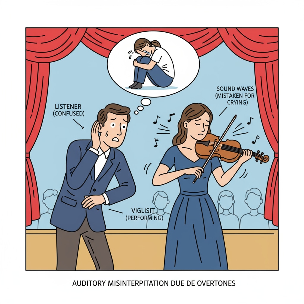 A person is listening intently to a violinist playing. There is a look of surprise on their face as if they are mistaking the sound for crying. A person listening to a violinist, with the potential of mistaking the sound for crying due to the similarity
