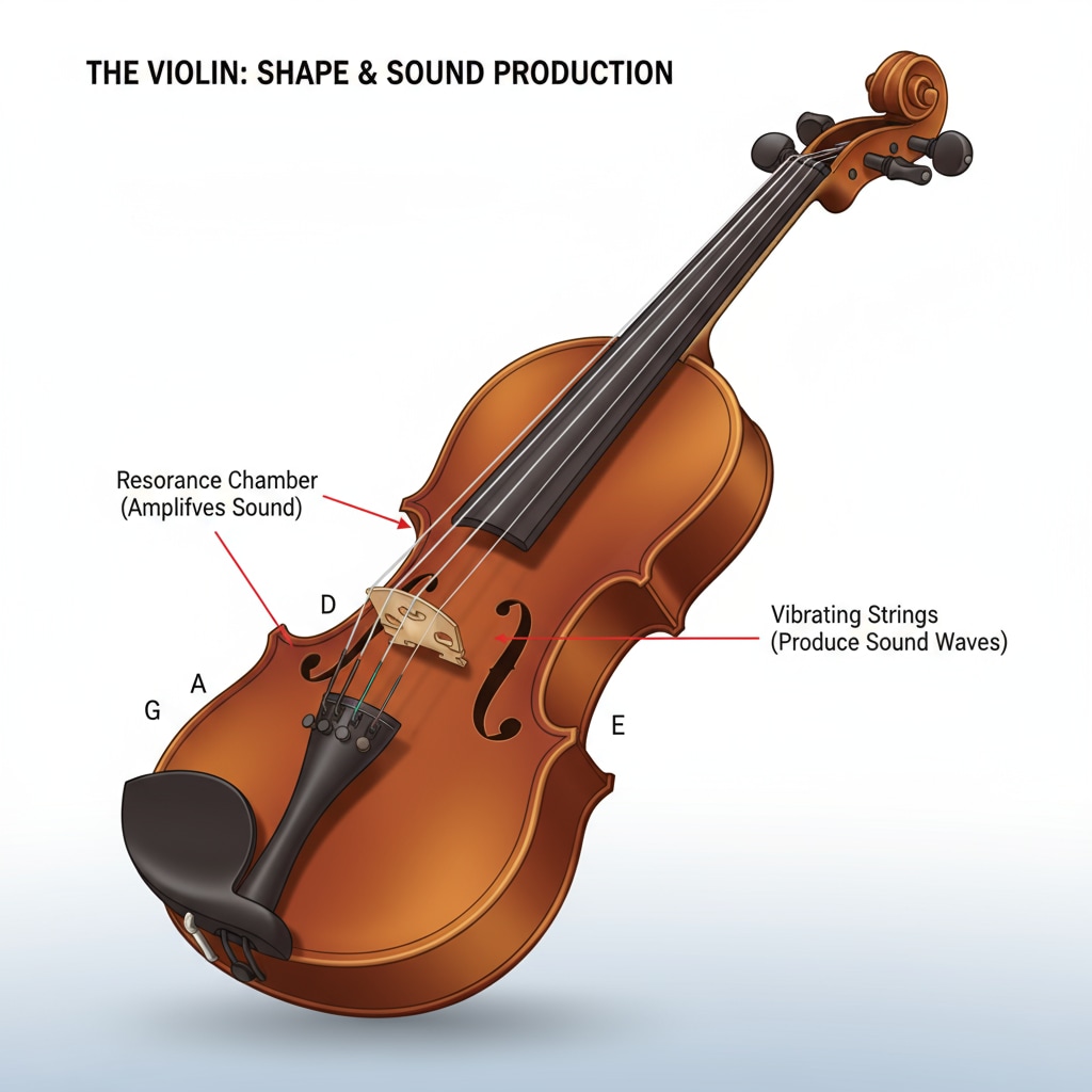 A close-up of a violin, showing its shape and strings. These elements contribute to the unique sound that can be similar to crying. Close-up of a violin highlighting features related to the sound similarity with crying