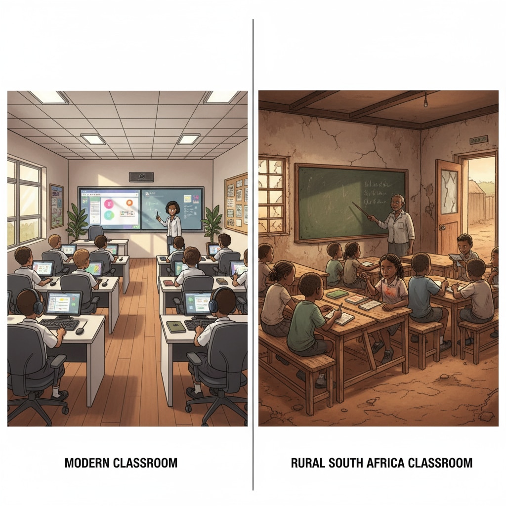 A side - by - side comparison showing a modern, well - equipped classroom in an affluent school and a simple, under - resourced classroom in a poor area of South Africa. Comparison of educational resources in South African schools highlighting inequality and need for reform