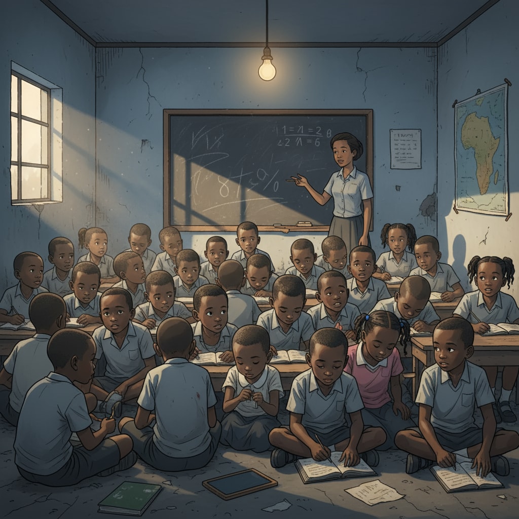 A group of students sitting in a dimly lit, crowded classroom with few teaching materials, representing a poorly - resourced school in South Africa. Students in a poorly - resourced South African classroom highlighting educational inequality and need for reform
