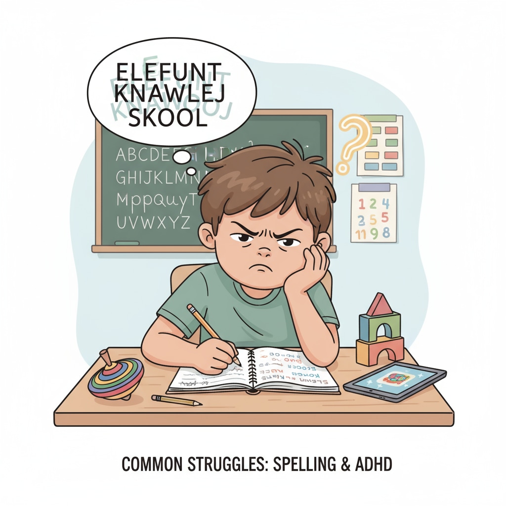 A child with ADHD is seen sitting at a desk, looking frustrated as they attempt to spell words. This depicts the common struggle ADHD children face in spelling learning. A child with ADHD struggling with spelling learning