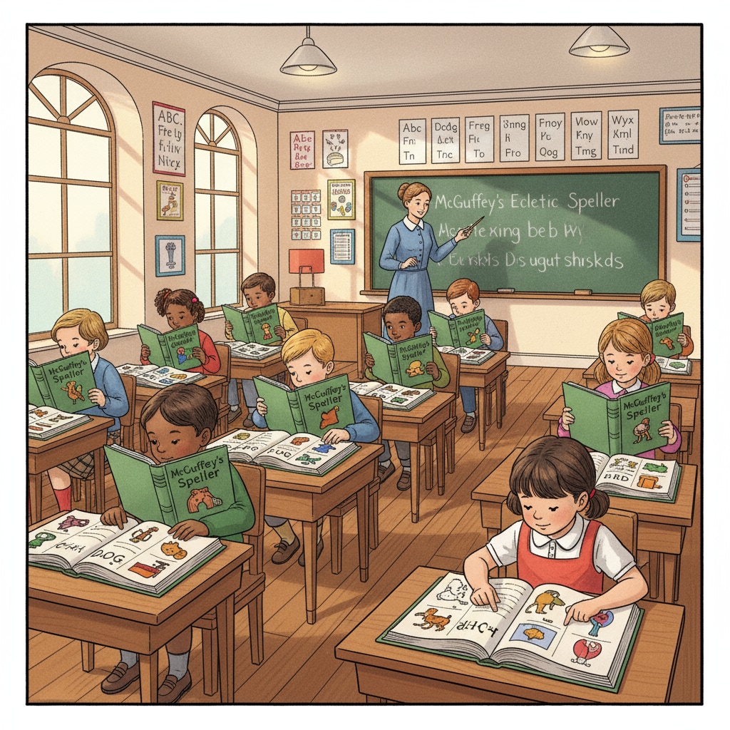 A classroom scene shows students using traditional spelling books. This represents the traditional approach to spelling learning. A classroom scene of traditional spelling learning