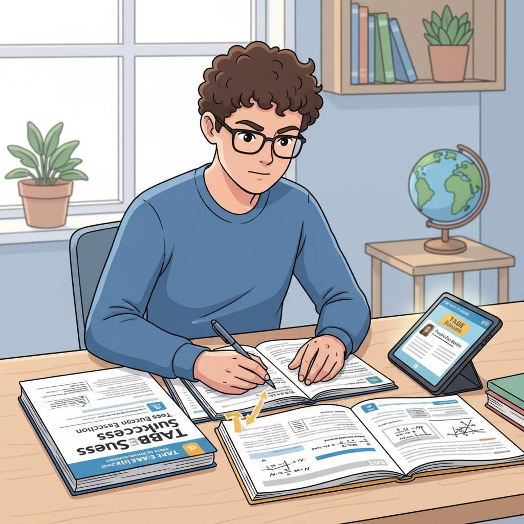 A young person sitting at a desk, looking at TABE study materials with a determined expression Young person preparing for TABE exam to pursue firefighter career and EMT courses