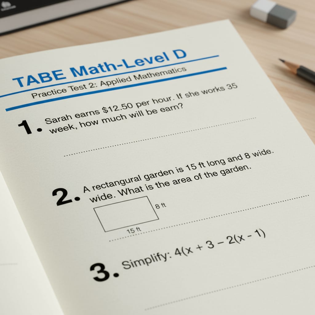 A close-up of a TABE exam workbook page with math problems TABE exam math problems page for firefighter and EMT course aspirants
