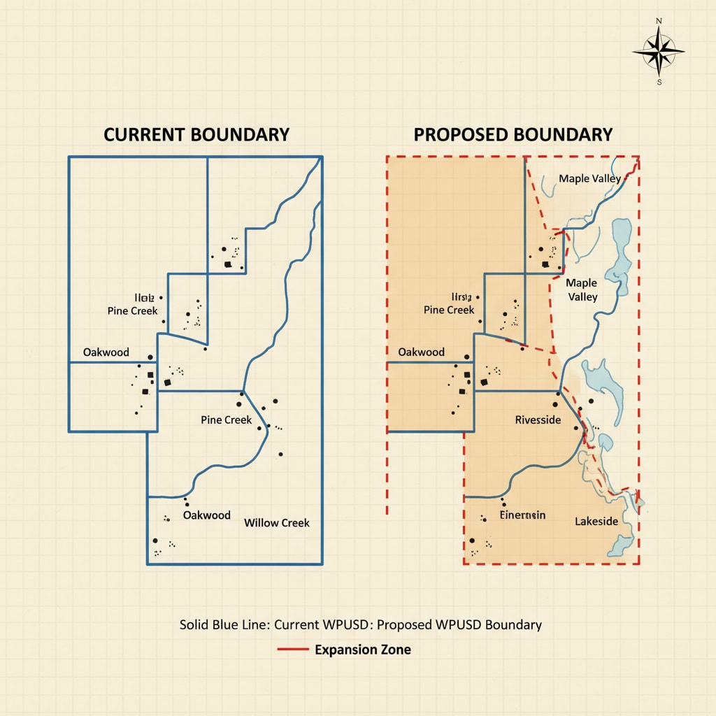 A visual comparison of the current and proposed WPUSD boundaries is presented on a map, highlighting the significant changes. Map showing WPUSD current and proposed boundaries